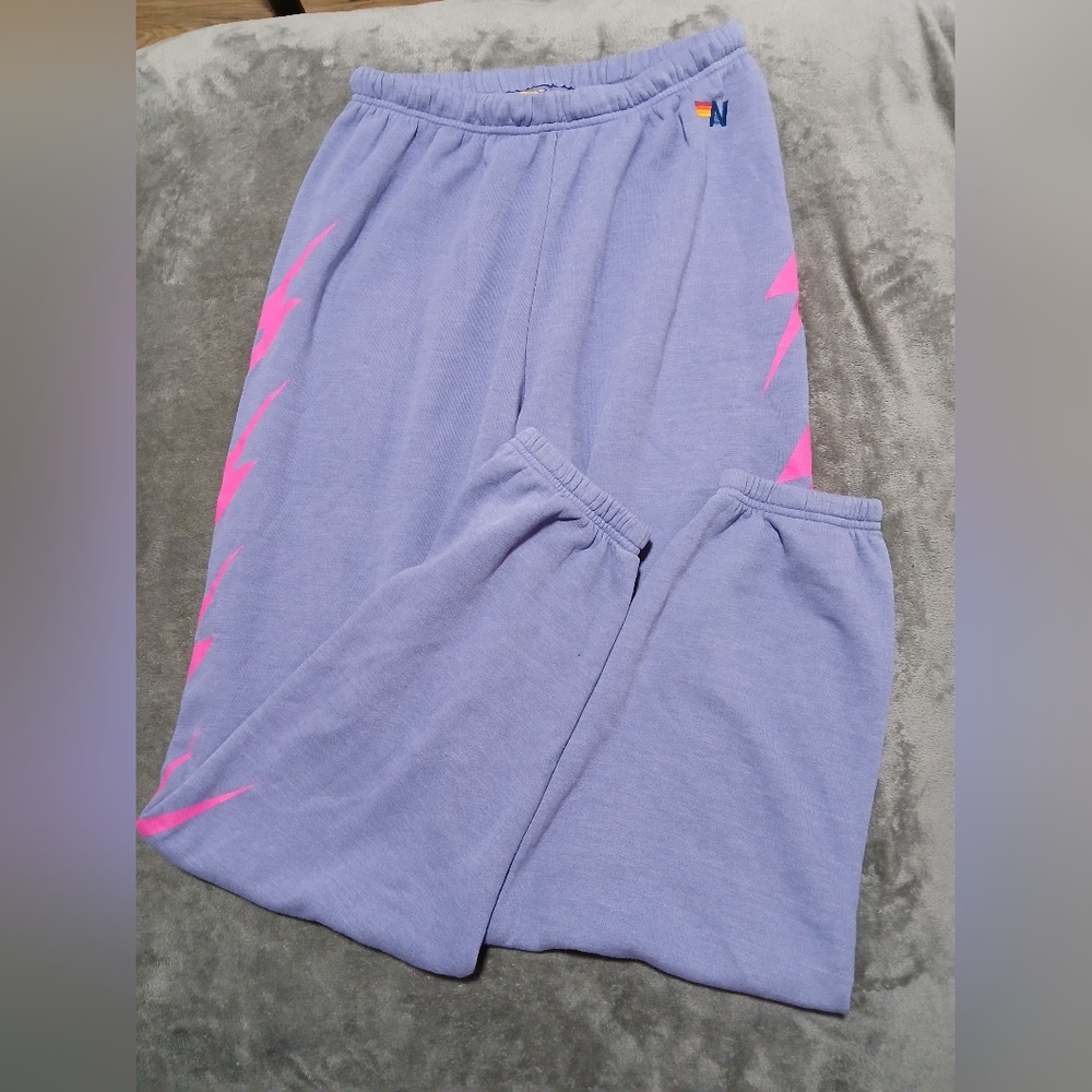 Aviator Nation Lavender Sweatpants with Pink Lightning Bolts - Picture 2 of 8